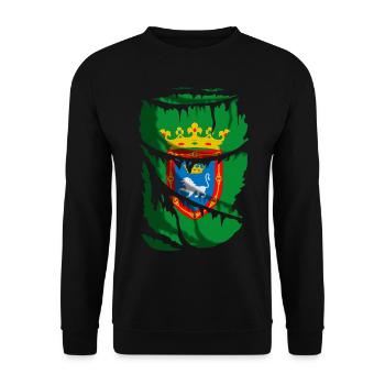 Flagge von Pamplona, zerbrochener oder zerrissener Stoffeffekt - Unisex Pullover - Schwarz - Vorne - Alina (178cm) & Michal (187cm)