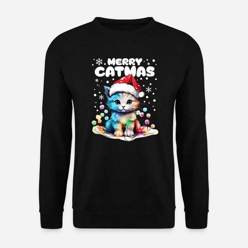 Süße Katze mit Lichterkette feiert Weihnachten - Unisex Pullover - Schwarz