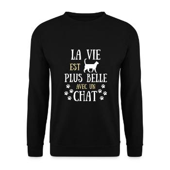 Vie plus belle chat femme humour chats idée cadeau - Sweat-shirt Unisexe - noir - Devant - Alina (178cm) & Michal (187cm)