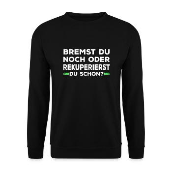 Lustige Elektroauto Sprüche Eauto Emobilität - Unisex Pullover - Schwarz - Vorne - Alina (178cm) & Michal (187cm)