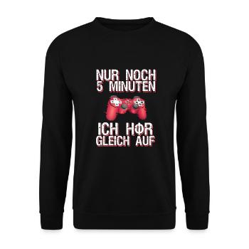 Lustige Gamer Zocker Sprüche Nur noch 5 Minuten - Unisex Pullover - Schwarz - Vorne - Alina (178cm) & Michal (187cm)