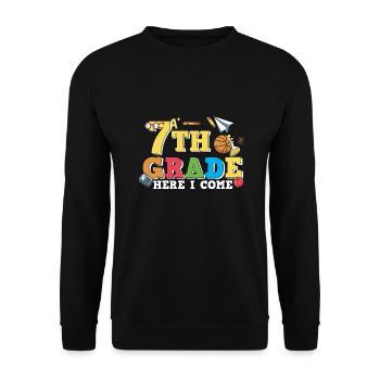 7th Grade Here I Come Retro Groovy Women Happy - Unisex Sweatshirt - black - Front - Alina (178cm) & Michal (187cm)