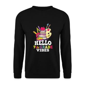 Hallo 7. Klasse Vibes Retro Groovy Frauen glücklich - Unisex Pullover - Schwarz - Vorne - Alina (178cm) & Michal (187cm)