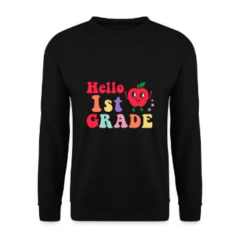 Hallo 1. Klasse Zurück zur Schule Erster Tag - Unisex Pullover - Schwarz - Vorne - Alina (178cm) & Michal (187cm)