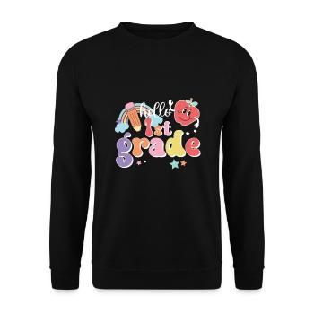 Hallo 1. Klasse Zurück zur Schule Erster Tag - Unisex Pullover - Schwarz - Vorne - Alina (178cm) & Michal (187cm)