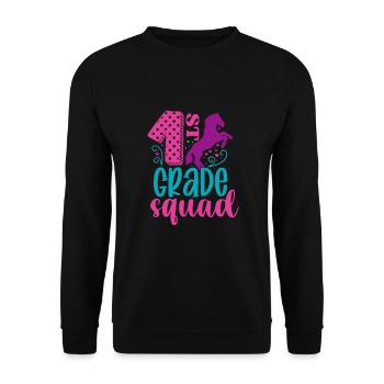 Hallo 1. Klasse Zurück zur Schule Erster Tag - Unisex Pullover - Schwarz - Vorne - Alina (178cm) & Michal (187cm)