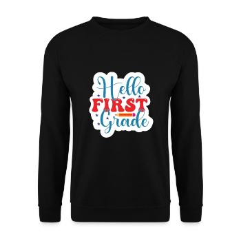 Hallo 1. Klasse Zurück zur Schule Erster Tag - Unisex Pullover - Schwarz - Vorne - Alina (178cm) & Michal (187cm)