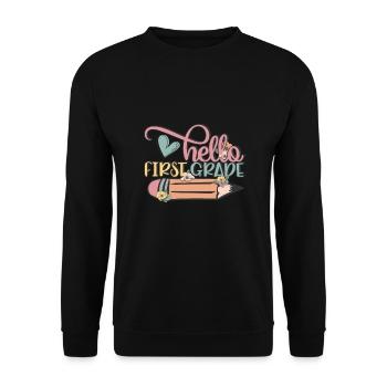 Hallo 1. Klasse Zurück zur Schule Erster Tag - Unisex Pullover - Schwarz - Vorne - Alina (178cm) & Michal (187cm)