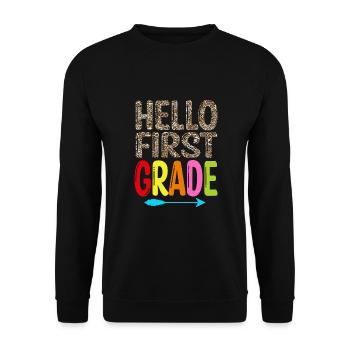 Hallo 1. Klasse Zurück zur Schule Erster Tag - Unisex Pullover - Schwarz - Vorne - Alina (178cm) & Michal (187cm)