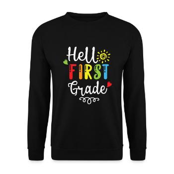 Hallo 1. Klasse Zurück zur Schule Erster Tag - Unisex Pullover - Schwarz - Vorne - Alina (178cm) & Michal (187cm)