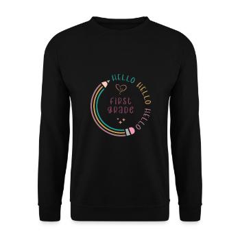Hallo 1. Klasse Zurück zur Schule Erster Tag - Unisex Pullover - Schwarz - Vorne - Alina (178cm) & Michal (187cm)
