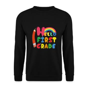 Hallo 1. Klasse Zurück zur Schule Erster Tag - Unisex Pullover - Schwarz - Vorne - Alina (178cm) & Michal (187cm)