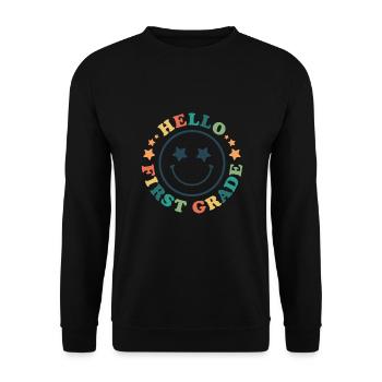 Hallo 1. Klasse Zurück zur Schule Erster Tag - Unisex Pullover - Schwarz - Vorne - Alina (178cm) & Michal (187cm)