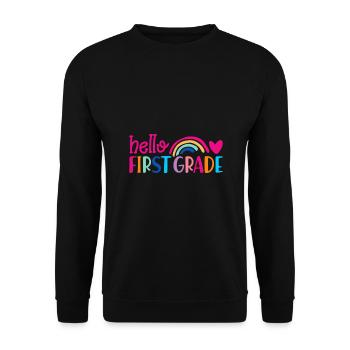 Hallo 1. Klasse Zurück zur Schule Erster Tag - Unisex Pullover - Schwarz - Vorne - Alina (178cm) & Michal (187cm)