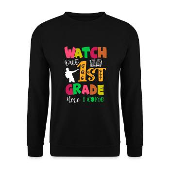 Hallo 1. Klasse Zurück zur Schule Erster Tag - Unisex Pullover - Schwarz - Vorne - Alina (178cm) & Michal (187cm)