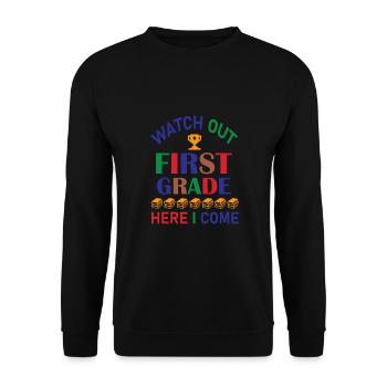 Hallo 1. Klasse Zurück zur Schule Erster Tag - Unisex Pullover - Schwarz - Vorne - Alina (178cm) & Michal (187cm)