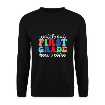 Hallo 1. Klasse Zurück zur Schule Erster Tag - Unisex Pullover - Schwarz - Vorne - Alina (178cm) & Michal (187cm)