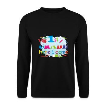 Hallo 1. Klasse Zurück zur Schule Erster Tag - Unisex Pullover - Schwarz - Vorne - Alina (178cm) & Michal (187cm)