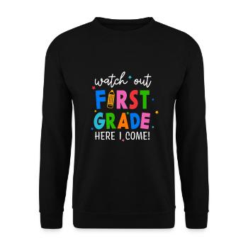 Hallo 1. Klasse Zurück zur Schule Erster Tag - Unisex Pullover - Schwarz - Vorne - Alina (178cm) & Michal (187cm)