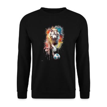 Niedliche Tierfußballspieler, weißer Wolf - Unisex Pullover - Schwarz - Vorne - Alina (178cm) & Michal (187cm)