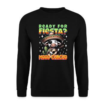 Fiesta Shirt mit lustigem Kuh-Wortspiel - Mooo-chacho - Unisex Pullover - Schwarz - Vorne - Alina (178cm) & Michal (187cm)