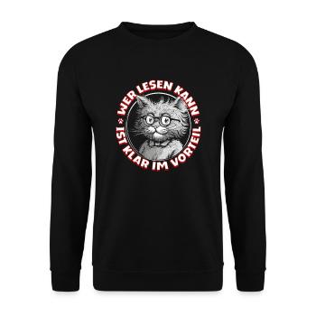 Wer lesen kann ist klar im Vorteil, Katze Brille - Unisex Pullover - Schwarz - Vorne - Alina (178cm) & Michal (187cm)
