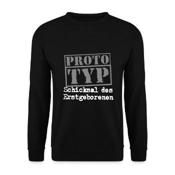 Prototyp Erstgeborener Geburt Geschwister Spruch - Unisex Pullover - Schwarz - Vorne - Alina (178cm) & Michal (187cm)