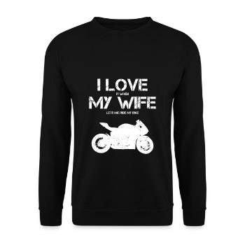 I Love My Wife Lustiger Motorradspruch für Männer - Unisex Pullover - Schwarz - Vorne - Alina (178cm) & Michal (187cm)