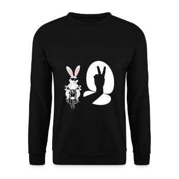 Biker Kaninchen Humor Lustiges Motorrad Bike Comic - Unisex Pullover - Schwarz - Vorne - Alina (178cm) & Michal (187cm)