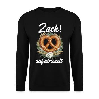 Traditionelle Brezel Zack aufgebrezelt Dirndl - Unisex Pullover - Schwarz - Vorne - Alina (178cm) & Michal (187cm)