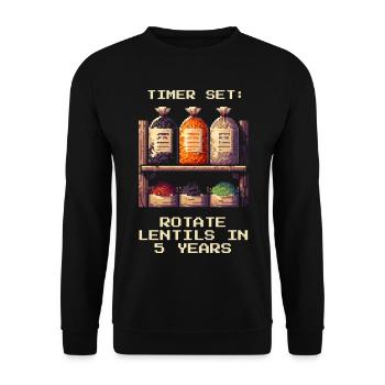 Timer gesetzt | Linsen in 5 Jahren rotieren - Unisex Pullover - Schwarz - Vorne - Alina (178cm) & Michal (187cm)