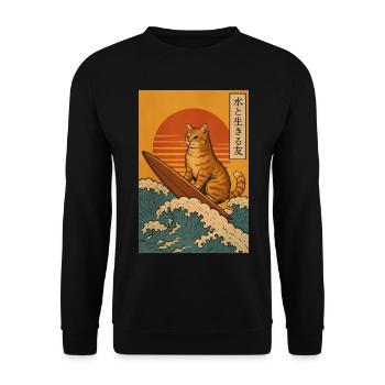Lustig Katze Surfen Surfboard Japanisch Anime - Unisex Pullover - Schwarz - Vorne - Alina (178cm) & Michal (187cm)