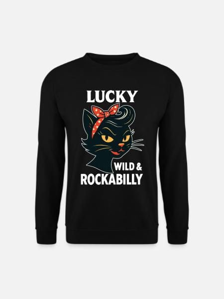 Lucky, Wild & Rockabilly : Black Retro Cat - Sweat-shirt Unisexe - noir