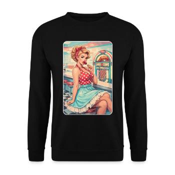 Rockabilly Pin-Up Girl im 50s Retro Diner - Unisex Pullover - Schwarz - Vorne - Alina (178cm) & Michal (187cm)