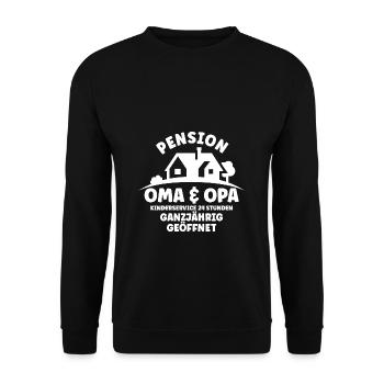 Oma & Opa Kindergartenservice 24 Stunden Ganzjähri - Unisex Pullover - Schwarz - Vorne - Alina (178cm) & Michal (187cm)