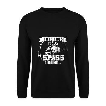 Rute Raus der Spass beginnt Fischer Angler Geschen - Unisex Pullover - Schwarz - Vorne - Alina (178cm) & Michal (187cm)