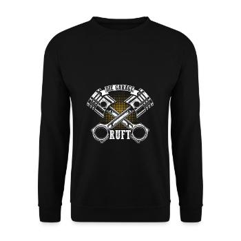 Die Garage Ruft - Lustiger Spruch KFZ Auto Mechatr - Unisex Pullover - Schwarz - Vorne - Alina (178cm) & Michal (187cm)