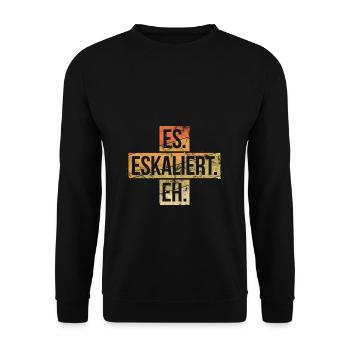 Es eskaliert eh Mallorca Sprüche Eskalation Feiern - Unisex Pullover - Schwarz - Vorne - Alina (178cm) & Michal (187cm)