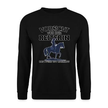Vorsicht vor der Reiterin, das Pferd ist harmlos - Unisex Pullover - Schwarz - Vorne - Alina (178cm) & Michal (187cm)