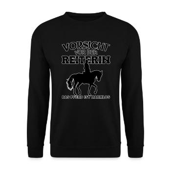 Vorsicht vor der Reiterin, das Pferd ist harmlos - Unisex Pullover - Schwarz - Vorne - Alina (178cm) & Michal (187cm)