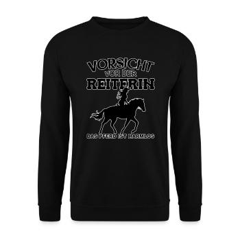 Vorsicht vor der Reiterin, das Pferd ist harmlos - Unisex Pullover - Schwarz - Vorne - Alina (178cm) & Michal (187cm)
