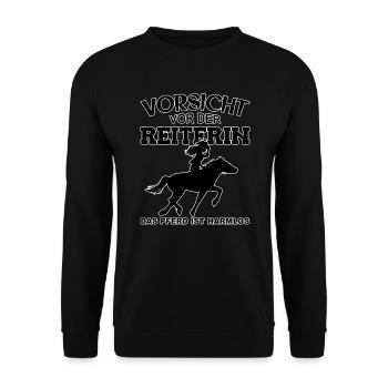 Vorsicht vor der Reiterin, das Pferd ist harmlos - Unisex Pullover - Schwarz - Vorne - Alina (178cm) & Michal (187cm)
