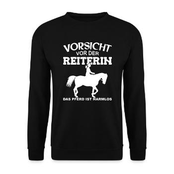 Vorsicht vor der Reiterin, das Pferd ist harmlos - Unisex Pullover - Schwarz - Vorne - Alina (178cm) & Michal (187cm)