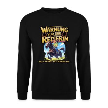 Vorsicht vor der Reiterin, das Pferd ist harmlos - Unisex Pullover - Schwarz - Vorne - Alina (178cm) & Michal (187cm)