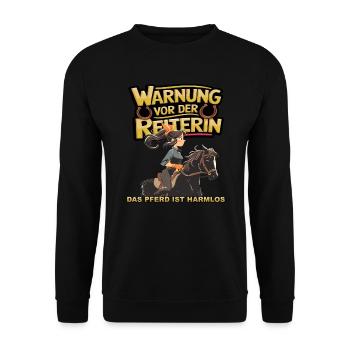 Vorsicht vor der Reiterin, das Pferd ist harmlos - Unisex Pullover - Schwarz - Vorne - Alina (178cm) & Michal (187cm)