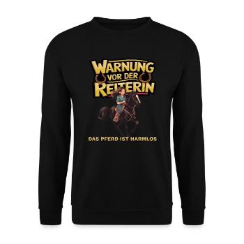 Vorsicht vor der Reiterin, das Pferd ist harmlos - Unisex Pullover - Schwarz - Vorne - Alina (178cm) & Michal (187cm)