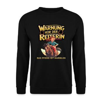 Vorsicht vor der Reiterin, das Pferd ist harmlos - Unisex Pullover - Schwarz - Vorne - Alina (178cm) & Michal (187cm)