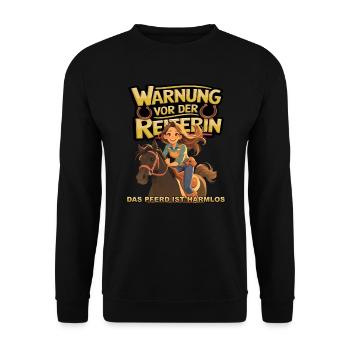 Vorsicht vor der Reiterin, das Pferd ist harmlos - Unisex Pullover - Schwarz - Vorne - Alina (178cm) & Michal (187cm)