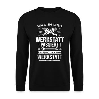 Was in der Werkstatt passiert... Geschenk - Unisex Pullover - Schwarz - Vorne - Alina (178cm) & Michal (187cm)