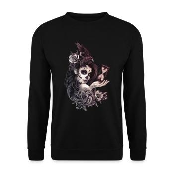 Tattoo Style Sugar Skull Girl with Bird - Unisex Sweatshirt - black - Front - Alina (178cm) & Michal (187cm)